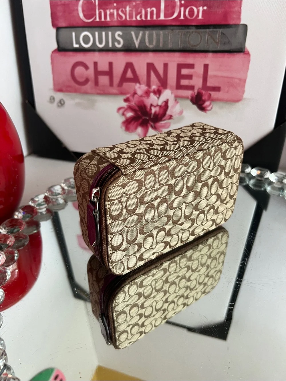 Coach Tan/Brown Signature Case with Pink Pull jewelry box
